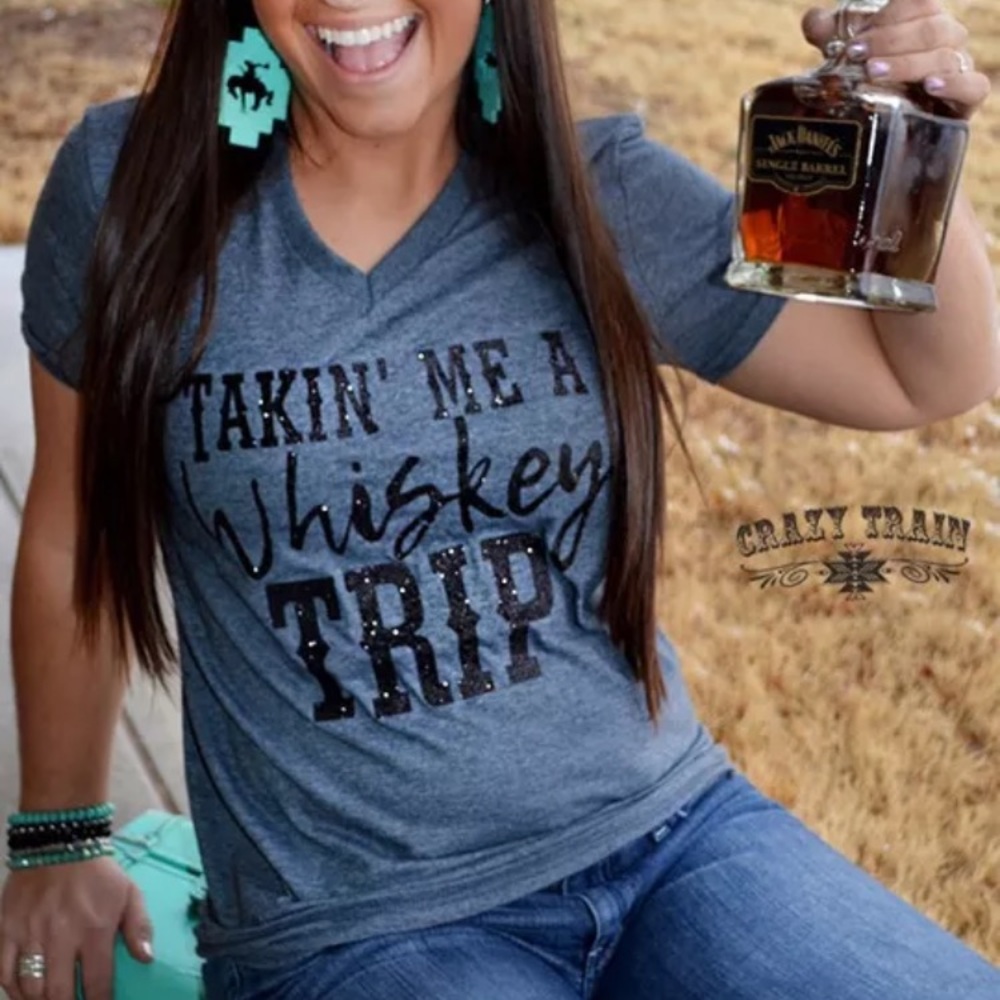 Whiskey Trip VNeck Glitter Graphic Tee